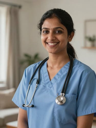 Portrait of a professional Indian nurse in clean scrubs, smiling warmly in a bright domestic living room, natural morning daylight.