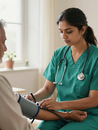 Close-up of a certified nurse in green scrubs checking the blood pressure of an elderly patient in a bright Indian home setting, natural morning light.