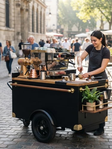 Sleek matte black mobile coffee cart with brass accents and a high-end commercial espresso machine, bright morning daylight, professional editorial style
