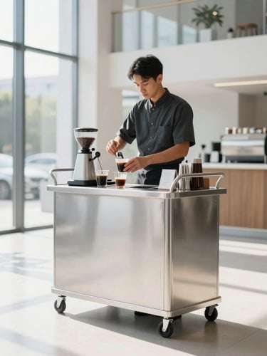 Sleek mobile espresso bar cart parked inside a bright, modern corporate lobby, professional barista in a clean dark uniform preparing a drink, bright morning daylight, crisp high-contrast tones.