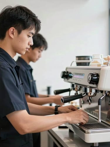 Sleek portrait of professional, clean-cut baristas in matching dark uniforms operating a high-end commercial espresso machine, bright morning daylight, sharp focus.