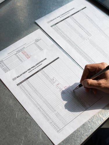 Overhead arrangement of settlement compliance documents and printed fund-flow reports on a steel-blue desk surface, a hand holding a pen reviewing figures, high-contrast north-facing daylight, no faces visible