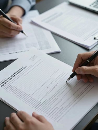 Close-up overhead shot of compliance documents and settlement reports spread across a dark desk under cool north-facing daylight, hands visible reviewing printed fund-flow records, pen resting on an open regulatory filing