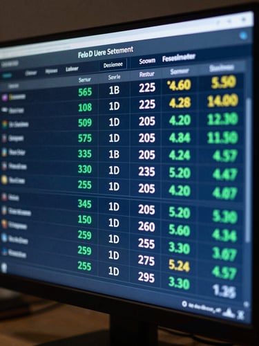 Close-up of a transaction settlement dashboard on a monitor, multi-currency figures updating in real time, deep blue interface, north-facing studio light, sharp contrast, no people visible
