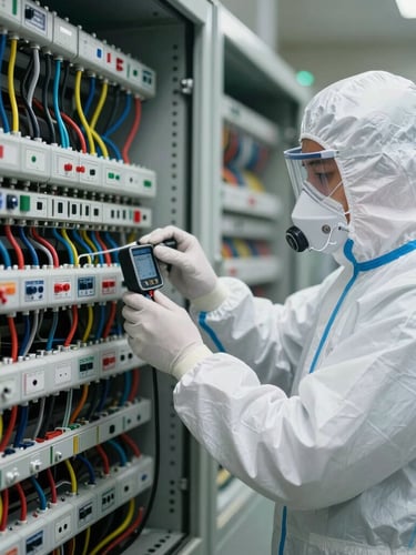 Vista de primer plano de un técnico calificado con equipo de protección personal completo, midiendo parámetros en un tablero eléctrico industrial impecable con cableado perfectamente ordenado, iluminación blanca brillante y nítida.