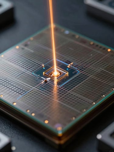 Extreme macro close-up of a silicon-photonic wafer, sharp amber laser beam refracting through microscopic glass channels, low-key directional cleanroom lighting, dark obsidian background.