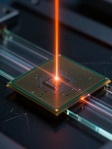 Macro photography of laser refraction through a silicon-photonic chip, sharp orange laser beam cutting through glass micro-channels, dark obsidian background, low-key cleanroom lighting.