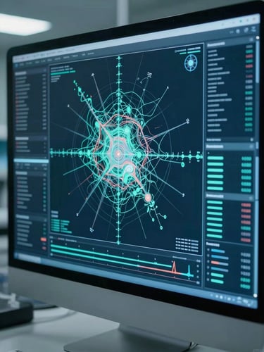 Orthographic capture of a digital epidemiological mapping interface, cold clinical teal and deep navy screen glow, precise data plots, sterile laboratory aesthetic.