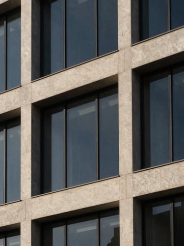 Architectural detail of a modern concrete and glass office building facade, deep navy and warm alabaster tones, sharp geometric shadows, minimalist editorial photography, soft side window light, 35mm