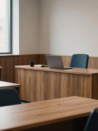 Quiet editorial photography of a modern, minimal legal office with warm wood desks, soft side window light, sharp focus, 35mm