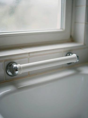 Close-up of a white grab bar mounted at the edge of a porcelain bathtub in a real home bathroom, natural daylight through a frosted window, tile wall in soft focus behind, no people, documentary framing