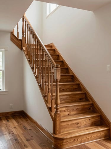 Wide environmental shot of a real home staircase with a newly installed wooden handrail, natural daylight from a nearby window, polished wood steps, no people in frame