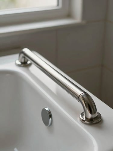 Close-up of a stainless grab bar freshly installed at the edge of a white porcelain bathtub in a real home bathroom, natural window light falling across the bar and tile, no people