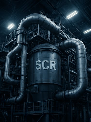 Close-up of a massive industrial SCR system installation, complex piping and steel structures, dramatic overhead workshop lighting, cool overcast tones