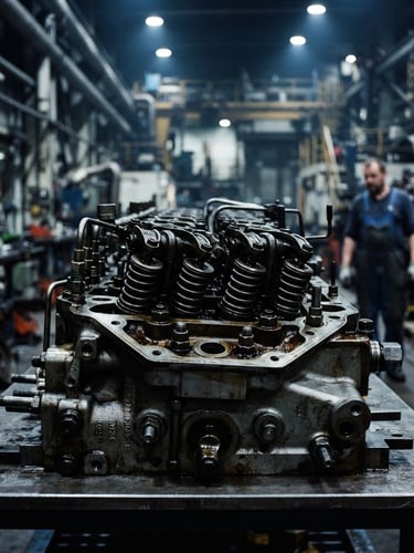 Industrial editorial photography of a massive marine diesel engine cylinder head, dramatic workshop spotlights, cool steel tones, sharp focus, 35mm
