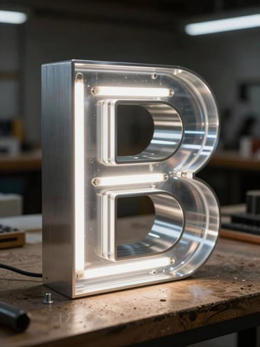Extreme close-up of illuminated channel letter fabrication — raw aluminum returns and acrylic faces on a workshop bench, LED strip visible inside the letter cavity, dramatic side-raking studio strobe revealing precise metal edges and depth of craftsmanship, dark background