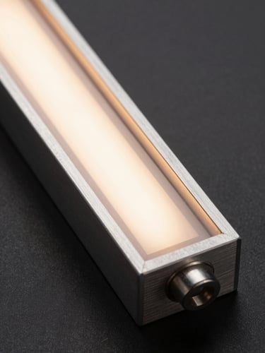 Extreme close-up of illuminated channel letter edge, aluminum return and acrylic face visible, warm studio strobe raking across the letter's three-dimensional depth, dark charcoal background, fabrication detail sharp and precise