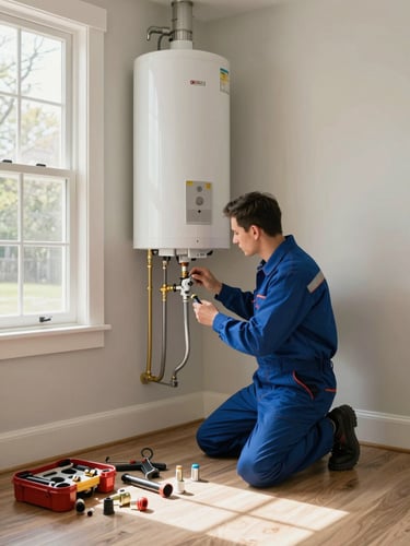 Wide environmental shot of a plumber in pressed uniform inspecting a newly installed water heater in a clean, well-lit utility room of an upscale Vinings home, daylight filtering through a side window, tools and fittings arranged neatly on the floor, calm and deliberate atmosphere