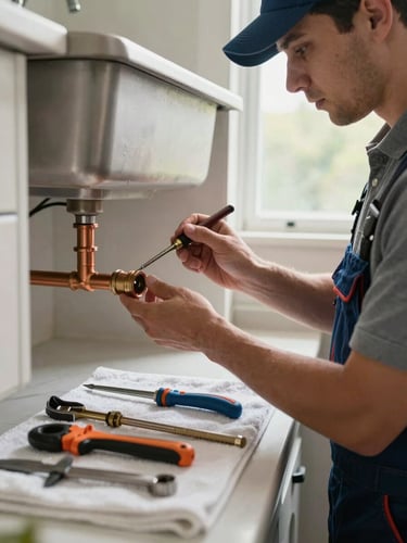 Close-up medium shot, licensed plumber in uniform carefully soldering a copper pipe joint beneath a kitchen sink in a well-appointed Vinings home, natural window light from the right illuminating precise hand positioning, tools laid out in organized order on a clean towel nearby