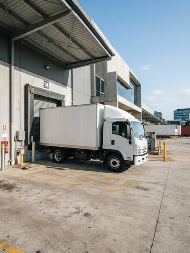 A clean white commercial pantech truck parked at a modern Melbourne logistics terminal, bright natural daylight, sharp industrial shadows, 35mm wide angle.