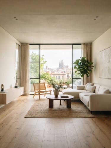 Luminous contemporary living room in Barcelona, soft morning light, minimalist design, natural wood floors, clean lines, large windows, wide view from the entrance.