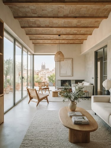 Luminous contemporary Barcelona living room, natural materials like oak and microcement, soft morning daylight, architectural lines, wide view from entrance, high-end editorial style.