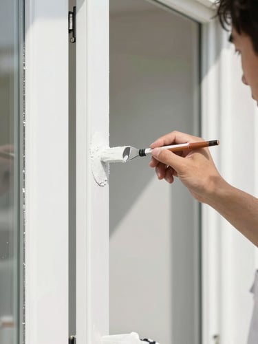 Detailed close-up of a professional painter in a clean uniform applying crisp white paint to a door frame, sharp edges, bright daylight