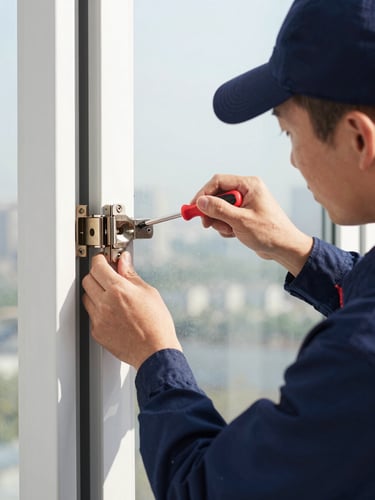 Close-up of a professional technician in a navy uniform adjusting a commercial door hinge with a screwdriver under bright daylight