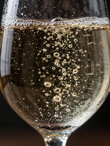 Macro shot of fine champagne bubbles rising in a delicate crystal glass, condensation on the glass texture, dramatic low-key lighting, dark background.
