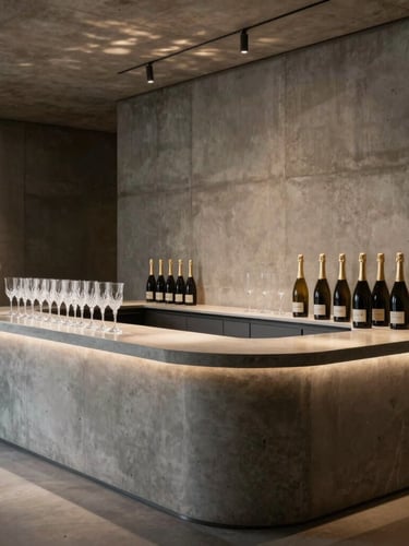 A sleek minimalist champagne bar in a modern concrete gallery, warm dramatic side-lighting illuminating rows of precise crystal glassware, elegant bottle silhouettes, contemporary luxury feel.