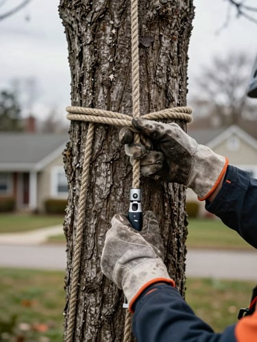 Close-up of arborist gloved hands gripping climbing rope tied around a large maple trunk, overcast morning light, South Shore suburban yard visible below, worn gear details sharp