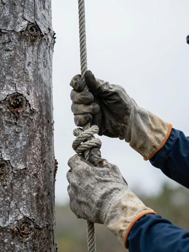 Arborist's hands adjusting a knot in a thick climbing rope against a bark-grey tree trunk, close-up framing, flat overcast daylight, shallow depth showing rope texture and worn work gloves