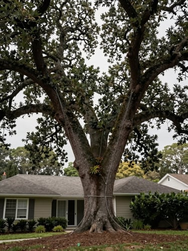 Wide shot of a mature forked oak tree in a South Shore residential backyard under flat overcast light, steel cabling visible between two main stems, house roofline in background showing proximity of tree to structure