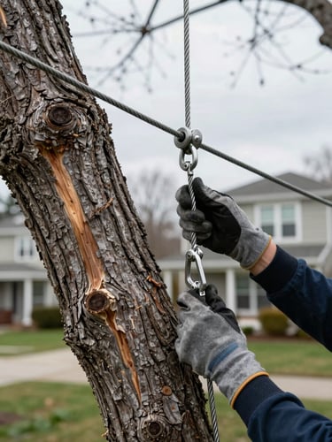 Close-up of gloved arborist hands adjusting tension on a steel cabling system threaded through a large forked maple trunk, overcast daylight, wood grain and bark texture visible, South Shore residential yard background slightly out of focus