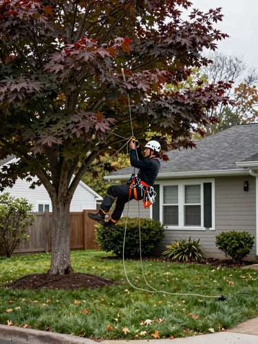 Wide shot of a residential South Shore yard in overcast morning light, an arborist in safety gear adjusting climbing rope tension on a mature maple tree close to a house roofline, no posed look at camera