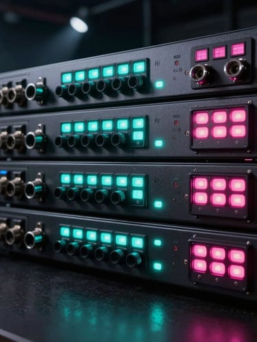 Low-key close-up shot of professional rack-mounted LED video processors, glowing status LEDs in cyan and pink, heavy-duty connectors, dark industrial background, sharp focus