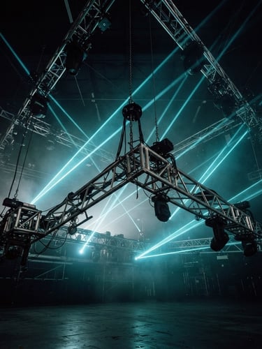 Low-angle dramatic shot of heavy-duty aluminum trussing and stage rigging, sharp cyan laser beams cutting through ambient warehouse haze, 35mm