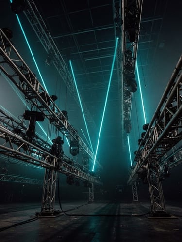 Low-angle heroic shot of heavy-duty aluminum trussing rigged in an empty venue, sharp cyan laser beams cutting through haze, high-contrast dark tones, 35mm