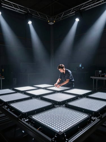 Dramatic low-key 35mm photography of a technical specialist pre-wiring modular LED panels in a dark warehouse, sharp stage lighting beams cutting through atmospheric haze, high-contrast industrial aesthetic