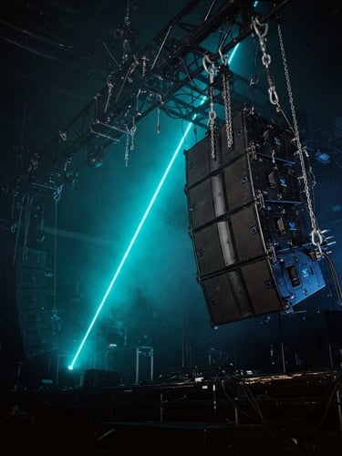 Low-angle heroic shot of professional concert line array speakers suspended from a heavy-duty black truss, dramatic neon cyan laser beam cutting through atmospheric haze, dark-mode industrial aesthetic, 35mm