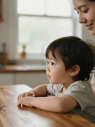 Candid close-up of a mother and child sharing a warm moment at a wooden kitchen table, soft natural window light, rich organic tones, shallow depth of field