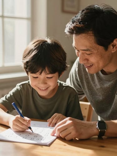 Candid medium shot of a mentor and a young child smiling while working together on a math worksheet at a wooden desk, warm golden-hour light streaming through a window.
