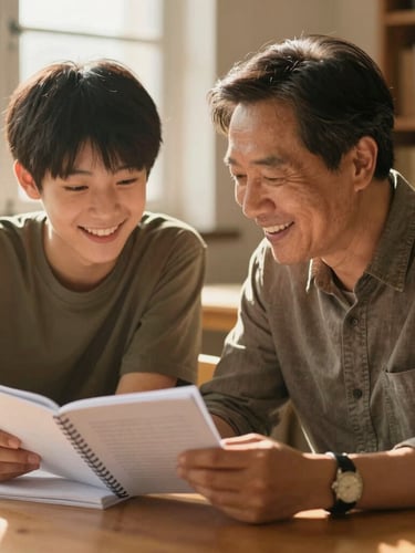 Candid medium shot of a mentor and a young student laughing together over a workbook, warm golden-hour light illuminating the room, shallow depth of field.