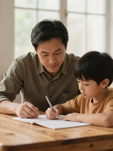 Candid medium shot of a mentor guiding a child at a warm wooden homework table under soft window light, rich organic tones