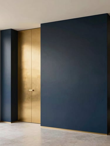 premium architectural photography of a minimalist luxury villa interior, soft natural daylight highlighting flawless smooth paint texture, warm gold and deep navy tones, 35mm