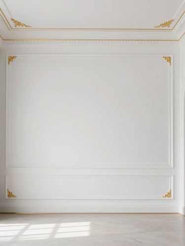 Luxurious villa living room interior, flawless matte white paint on walls, crisp gold molding details, high ceilings, soft diffused daylight, 35mm photography