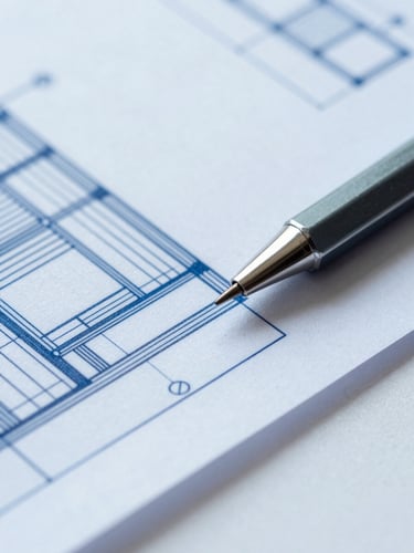Macro close-up of a highly detailed architectural blueprint, crisp blue lines on clean white drafting paper, sharp mechanical pencil resting on the edge, cool-toned studio lighting.
