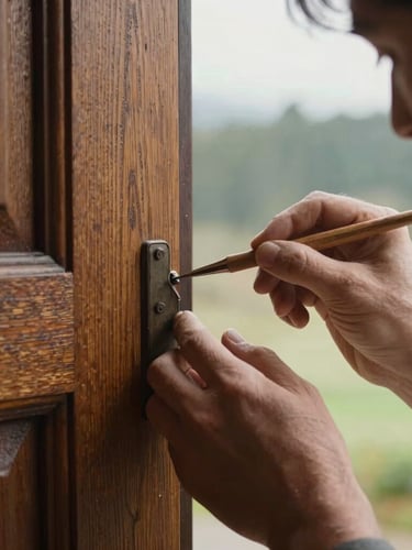 A macro-detail photograph of a master artisan's hands carefully restoring a historic oak door, soft overcast Pacific Northwest daylight highlighting the fine wood grain, shallow depth of field