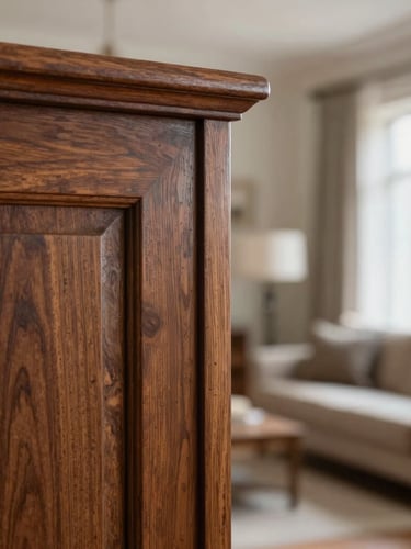 A macro architectural crop of hand-restored mahogany millwork on the left third, soft diffused daylight highlighting the deep satin grain, clean edges, elegant residential interior background out of focus.
