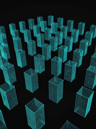 digital screenshot, behind-the-scenes game editor view showing a dense wireframe of neon cyan collision boxes on a dark background, high contrast, crisp digital lighting